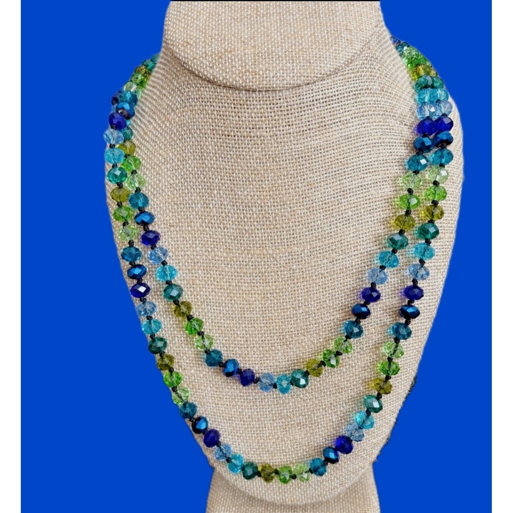 VTG Signed Joan Rivers 57" Czech Glass Crystal Bead Necklace Blue Green Aqua